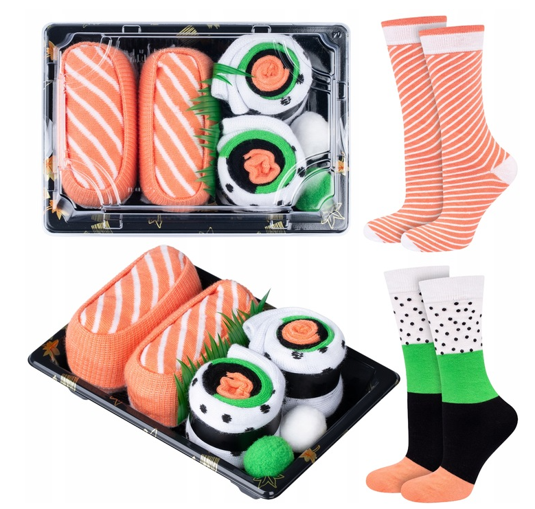 Spalvotos vyriškos kojinės sushi dėžutėje