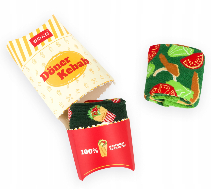 Linksmos ilgos kojinės kebabo pakuotėje