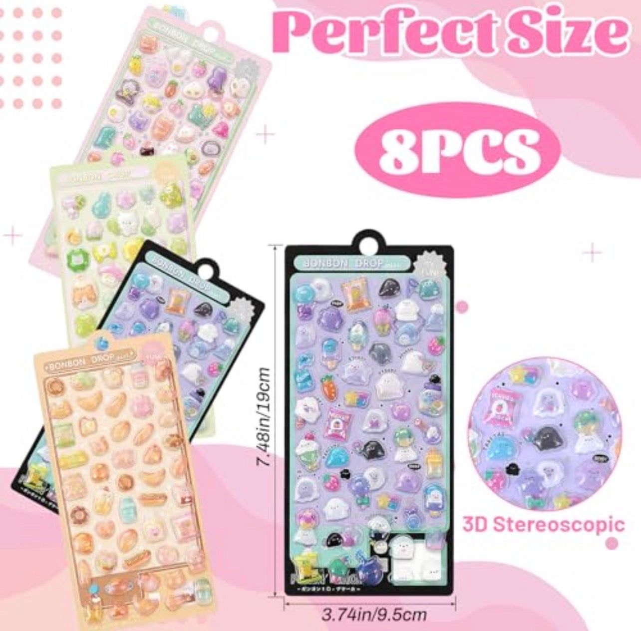 Kawaii Jelly 3D gelinių lipdukų rinkinys – 8 lapai, 400+ lipdukų
