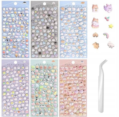 Kawaii Animals 3D gelinių lipdukų rinkinys – 6 lapai su pincetu
