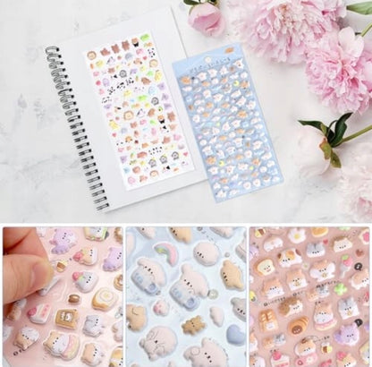Kawaii Animals 3D gelinių lipdukų rinkinys – 6 lapai su pincetu