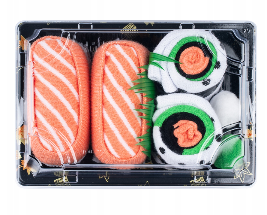 Spalvotos vyriškos kojinės sushi dėžutėje