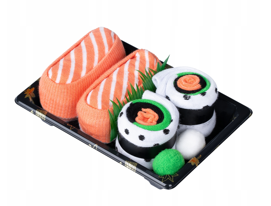 Spalvotos vyriškos kojinės sushi dėžutėje