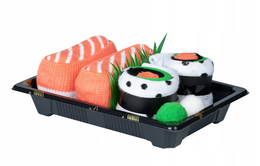 Spalvotos vyriškos kojinės sushi dėžutėje
