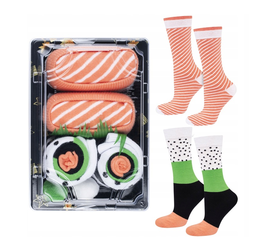 Spalvotos vyriškos kojinės sushi dėžutėje