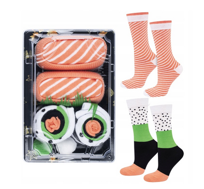 Spalvotos vyriškos kojinės sushi dėžutėje