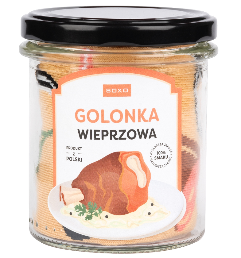 Ilgos linksmos vyriškos kojinės tradicinio lenkiško karkos patiekalo Golonka motyvu