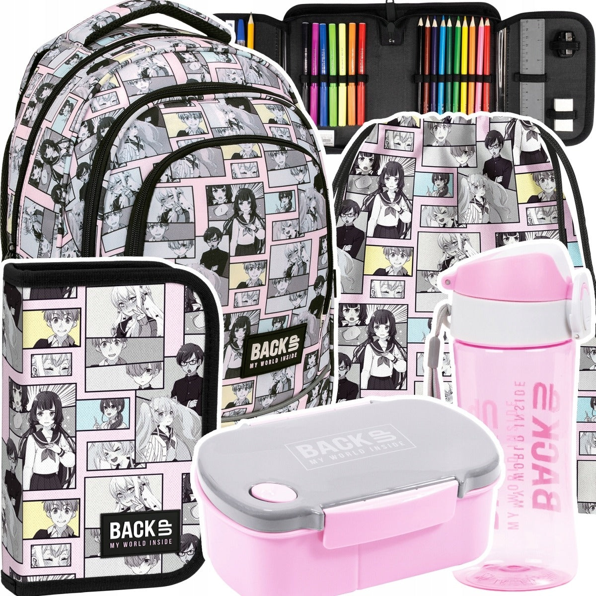 Mokykline kuprine BackUP 5-dalių rinkinys 26L – Anime/Manga